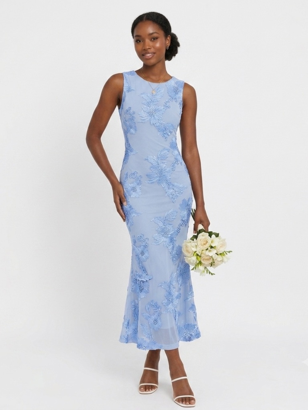 NWT ZESICA Womens M Light Blue 3D Floral Applique Mesh Maxi Dress Wedding Guest - Picture 1 of 11